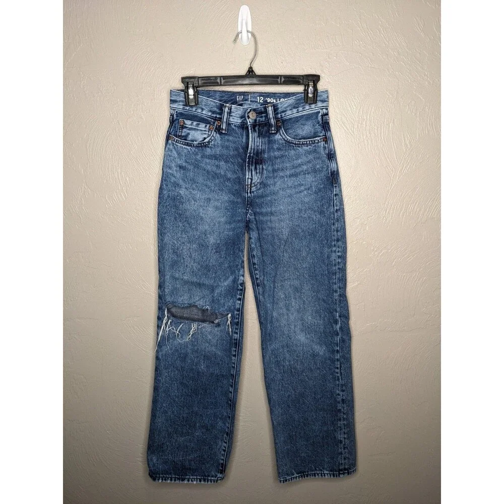 GAP Teen Boys 12 Medium Wash Destroyed Organic Cotton '90s Loose Jeans
